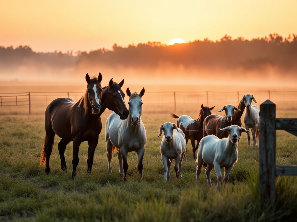 Horses and goats in a misty Kershaw County pasture at sunrise during a livestock care visit